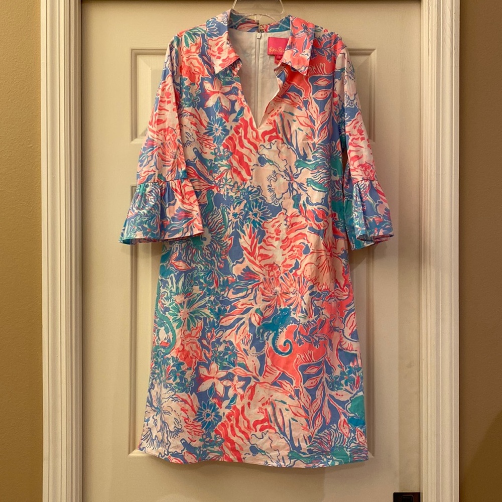 Lilly Pulitzer pink, blue ruffle sleeve dress, 4
